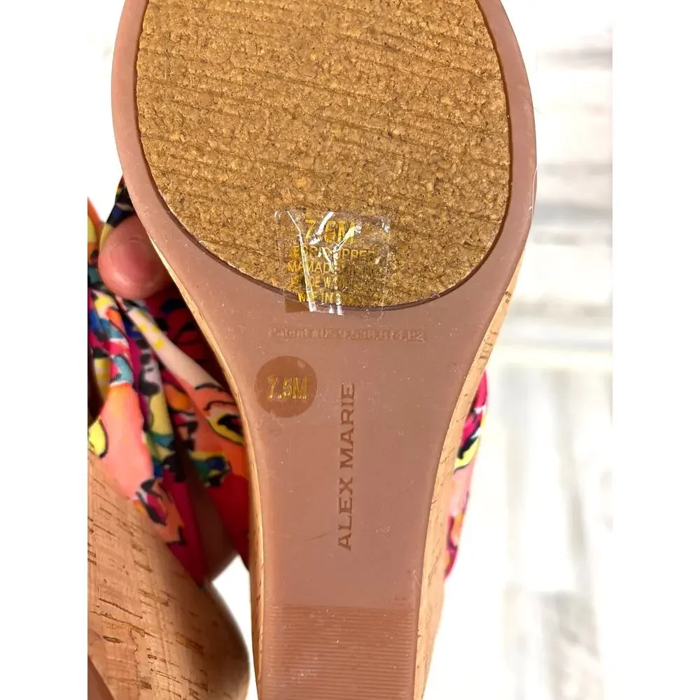 Alex Marie Womens 7.5 Multicolor Floral Fabric Cork Wedge Slip On Sandals NEW